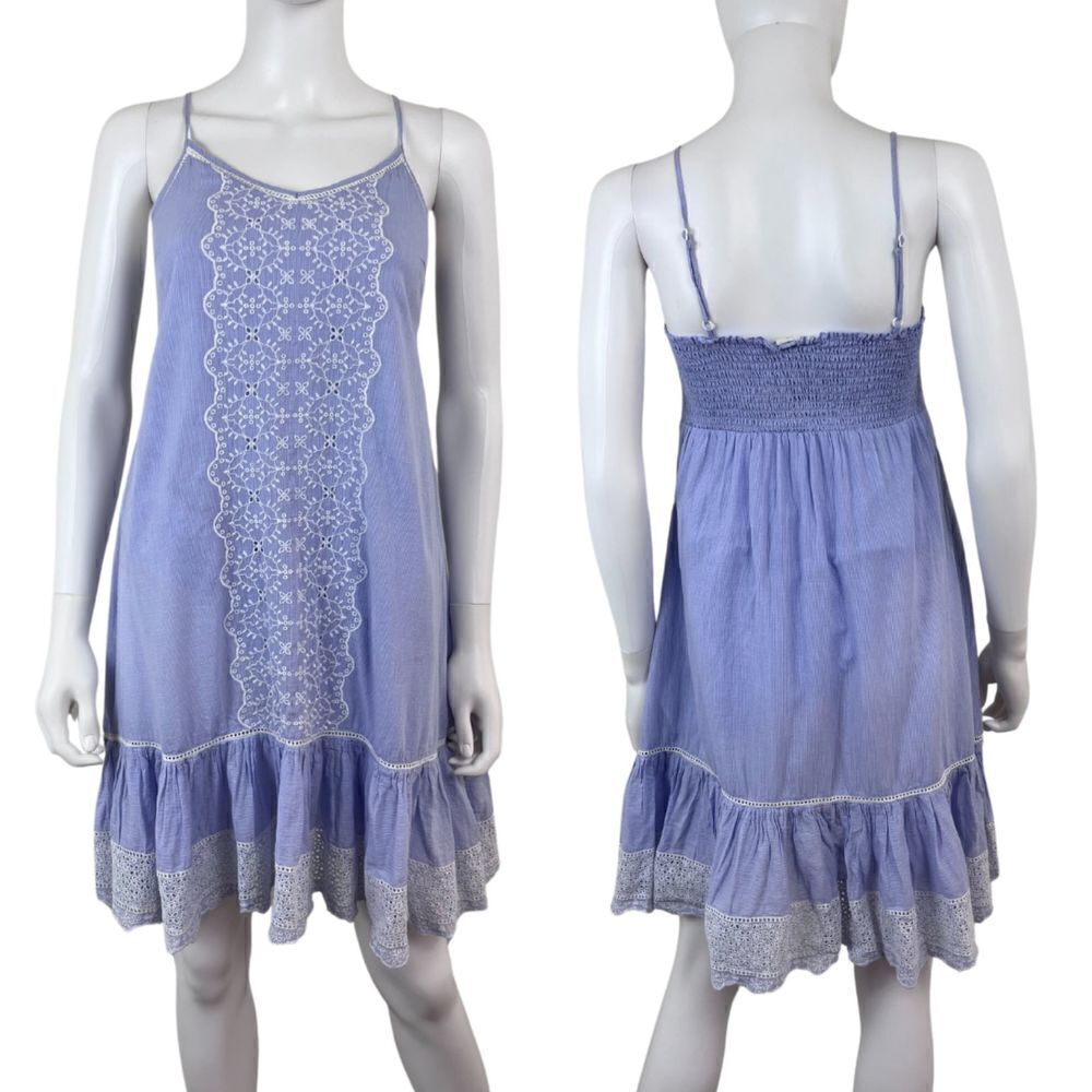 Joie Women Size XS Blue Plaid Crochet Floral Lace Peplum Cotton NEW Dress FLAWED